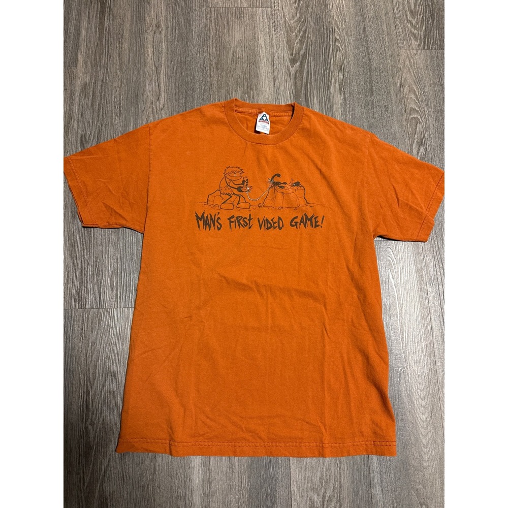 Alstyle Mans First Video Game Graphic Tee Orange Caveman Shirt Mens L